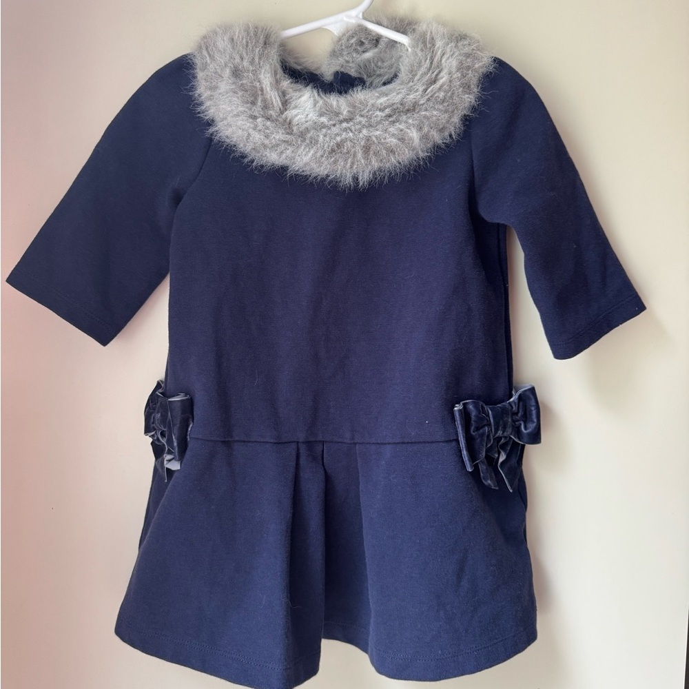 Janie and Jack Navy Dress with Faux Fur Collar
